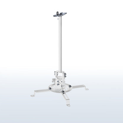 A white ceiling mount with scissor clamp designed to support projectors, featuring an adjustable length arm and a circular base.