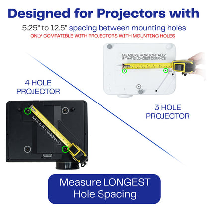 A white ceiling mount with scissor clamp designed to support projectors, featuring an adjustable length arm and a circular base.
