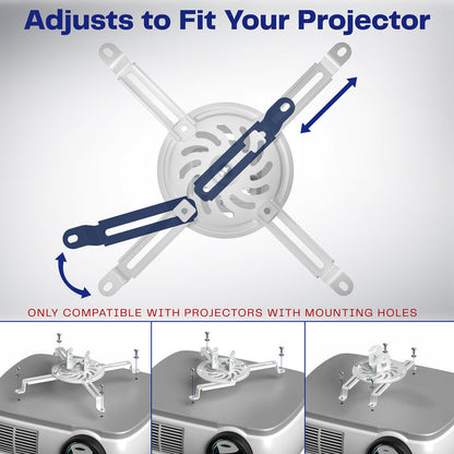 A white ceiling mount with scissor clamp designed to support projectors, featuring an adjustable length arm and a circular base.