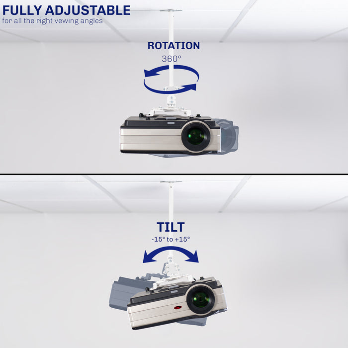 A white ceiling mount with scissor clamp designed to support projectors, featuring an adjustable length arm and a circular base.
