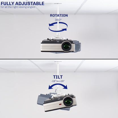 A white ceiling mount with scissor clamp designed to support projectors, featuring an adjustable length arm and a circular base.