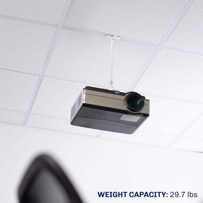 A white ceiling mount with scissor clamp designed to support projectors, featuring an adjustable length arm and a circular base.