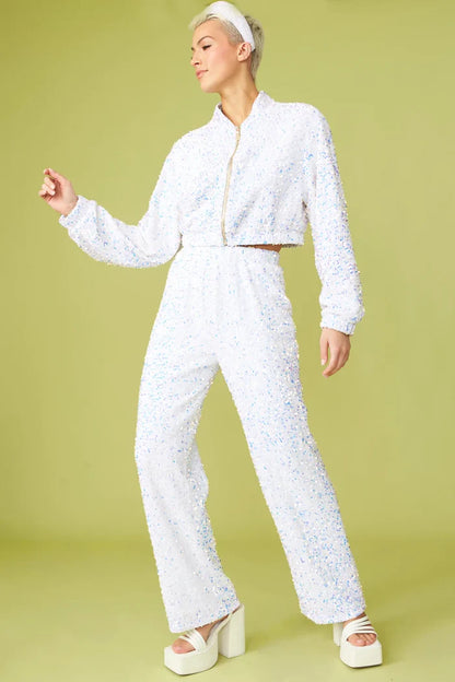 White Sequin Bomber Jacket