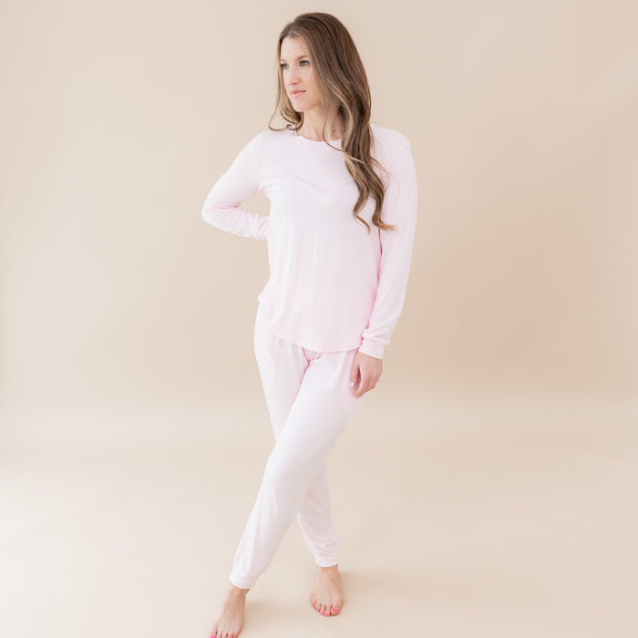 Woman modeling Women's Jogger Pajama Set in Sakura