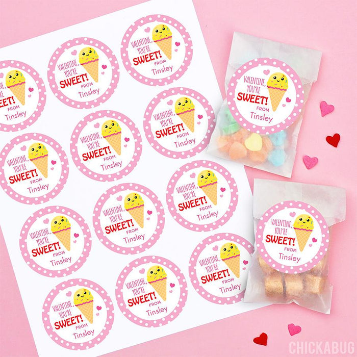 "You're Sweet" Ice Cream Cone Valentine's Day Stickers