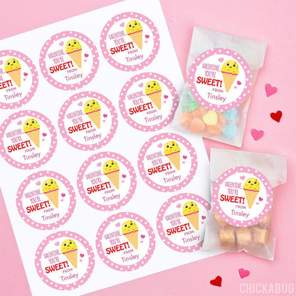 "You're Sweet" Ice Cream Cone Valentine's Day Stickers