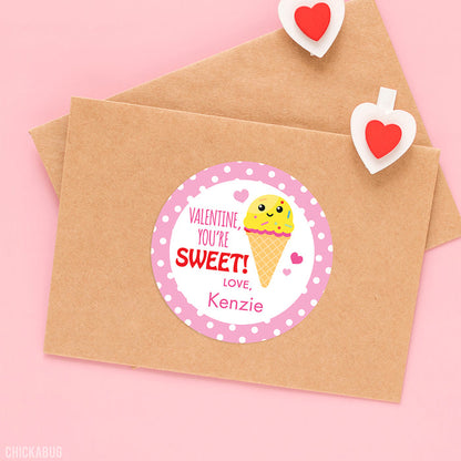 "You're Sweet" Ice Cream Cone Valentine's Day Stickers