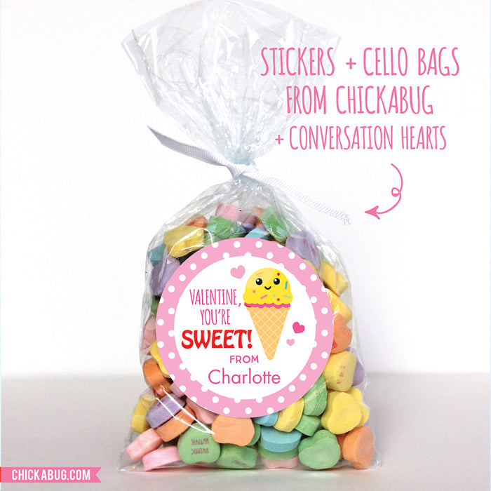 "You're Sweet" Ice Cream Cone Valentine's Day Stickers