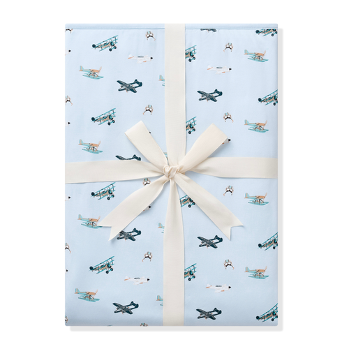 Youth Blanket in Take Off 1.0 shown wrapped in its packaging tied with a linen bow