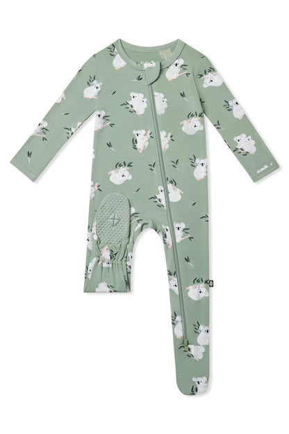 Bottom pad showing the Kyte Baby logo on the Zippered Footie in Koala