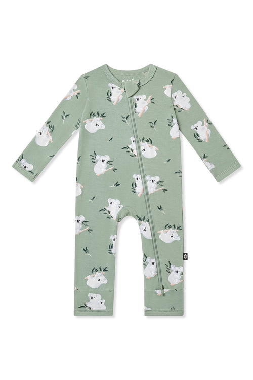 Zippered Romper in Koala shown on a white background