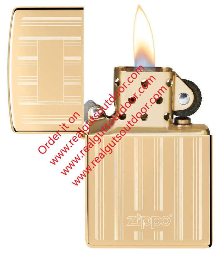 Zippo Sophistiated Pinstripes and The Classic Zippo logo High Polish Brass 46011