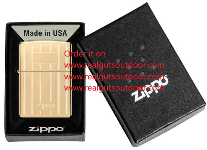 Zippo Sophistiated Pinstripes and The Classic Zippo logo High Polish Brass 46011