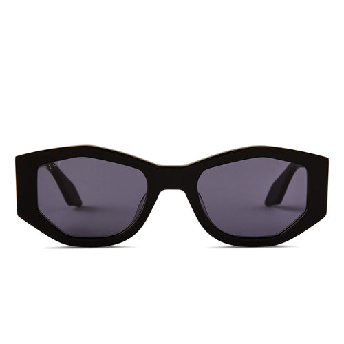diff eyewear zoe oval sunglasses with a black frame and grey polarized lenses front view